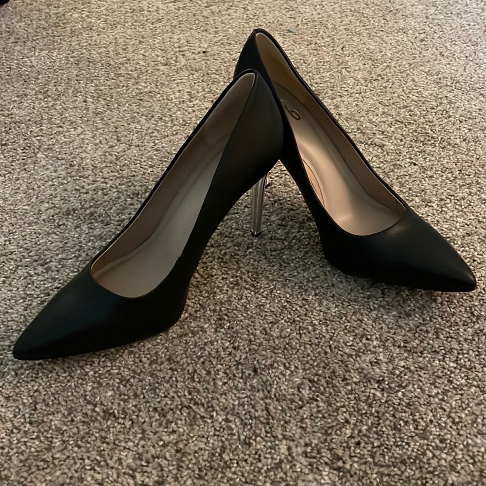Size 8.5 Black matte faux leather pumps with acrylic/metallic heel